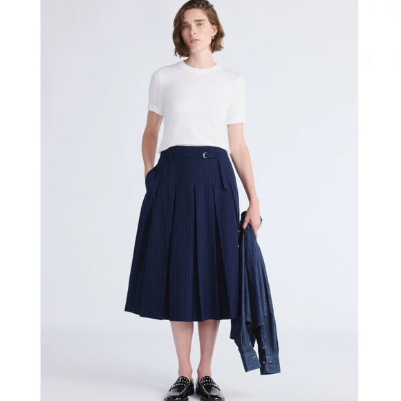 Belted Pleated Pinstripe Midi Skirt, Size 8 - Picture 8 of 9
